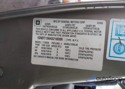 1999 Chevrolet Blazer Ls from USA, damaged, VIN 1GNDT13W4X2196996